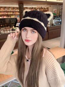 1 件装可爱耳饰针织冬帽，女士，温暖舒适，大头围，适合秋冬季情人节