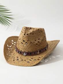 1pc Unisex Belt Decor Dyeing Wide Brim Printed Summer Travel Shade Western Style Cowboy Hat Cowgirl Hat Beach Hat Hollow Breathable With Beaded Trim Band Hand Woven Sun Hat Straw Hat - Multicolor 2 - View 7