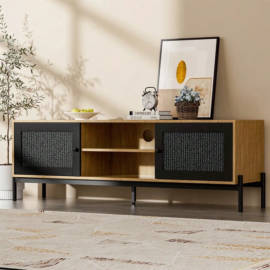 LIVINGANDHOME Living And Home  Modern TV Stand Wooden Storage Cabinet With Rattan Doors, Entertainment Centre TV Storage Cabinet With Rattan Doors, Rattan Coffee Table With Storage For Living Room, Direct Slatted Sliding Door TV Stand - Khaki - View 1