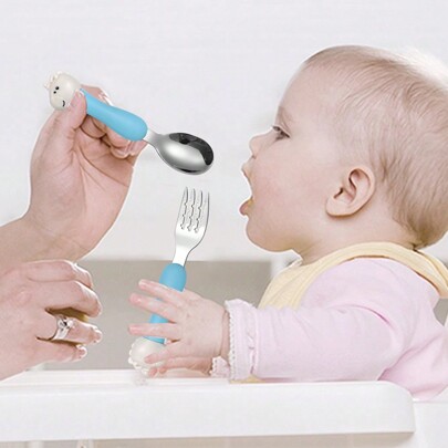 2pcs Stainless Steel Children Spoon And Fork Set, Cute Baby Feeding Cutlery For Home Use And Supplementary Food