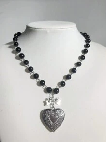 1 pieza Collar con colgante en forma de corazón y lazo, perla falsa, estilo gótico Kpop Harajuku, estética, para mujer y niña, Y2k, 2000s, EMO, vintage, punk, accesorios de joyería, regalo para San Valentín, mamá, madre, Día de la Madre