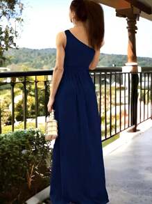 Vestido Elegante Con Cinturón Y Abertura Lateral Alta Para Mujer - Azul Marino - Ver 5