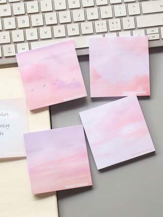 200張4種設計卡通便條紙方形記事本組，黏性辦公室和學校用品，每包4入組