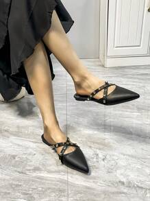 Women's Studs Leather Belt, Slouchy Chain Belt Buckle, Half Support Wide Band, Metal Buckle, Summer, Fashionable, French Vintage, Black Pointed Toe Flat Shoes