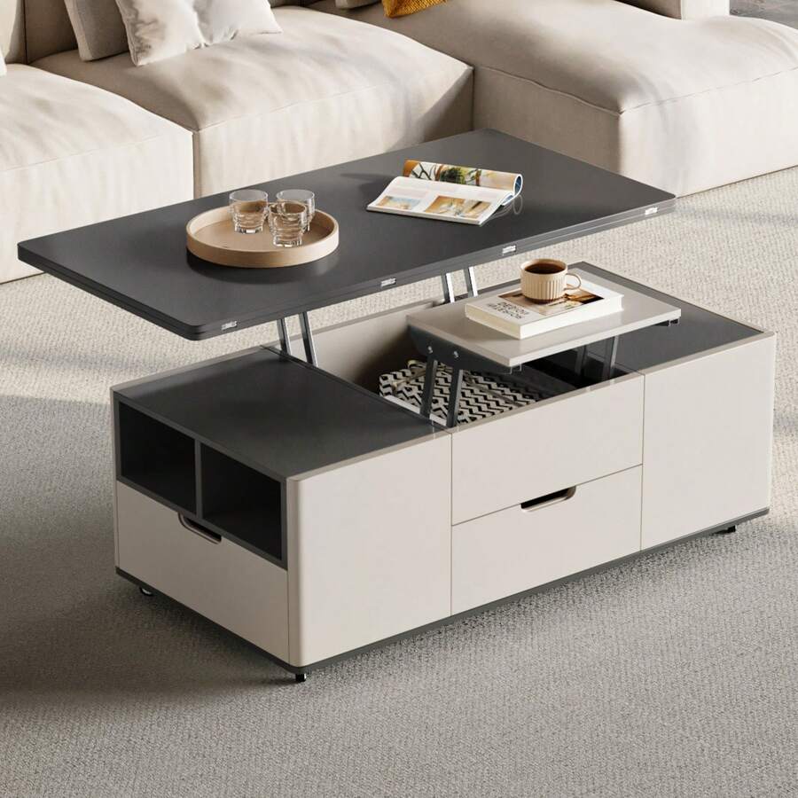 Lift Top Coffee Table With 4 Stools, 3 In 1 Multi-Function Center Table, Modern Lift Tabletop Coffee Table, Extendable Dining Table For Living Room, Guyii
