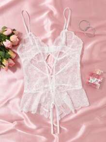 Women's Sexy Lace Bodysuit Lingerie Set, Open Crotch Uniform Sleepwear
