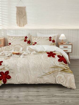 3入組被套套件(內含1*被套+2*枕套，不含芯)，3D花卉圖案涤纶床上用品，柔軟舒適透氣被套，適用於臥室、客房