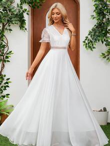 Women's V-Neck Lace Chiffon Ruffle Short Sleeve Floor-Length Bridal Wedding Dress - White - View 3