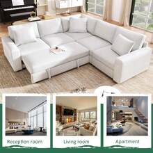100'' Modular Sectional Sleeper Sofa With Pull Out Bed L Shaped Sectional Couch, Modern Covertible 5-Seater Sofa With Ottoman And 3 Pillows For Living Room - Beige - View 7