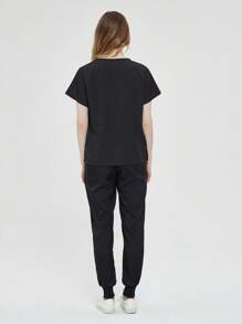 Pijama Uniforme Antifluidos Mujer Y Conjunto top de manga corta con pantalones, Enfermeras uniformes de verano de manga corta separa traje de enfermería uniformes de enfermería traje de lavado a mano ropa elástica de secado rápido top de manga corta con pantalones - Negro - Ver 3