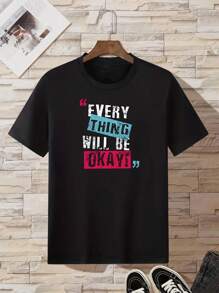 Camiseta de manga corta de cuello redondo con estampado de slogan para hombre