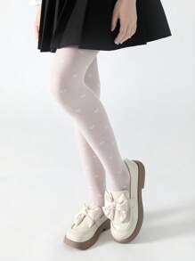 2 件装女童轻薄透气白色心形连裤袜，防勾丝连裤袜，适合日常穿着和返校穿着 - 白色 - 查看 5