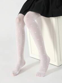 2 件装女童轻薄透气白色心形连裤袜，防勾丝连裤袜，适合日常穿着和返校穿着 - 白色 - 查看 2