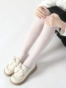 2 件装女童轻薄透气白色心形连裤袜，防勾丝连裤袜，适合日常穿着和返校穿着 - 白色 - 查看 4