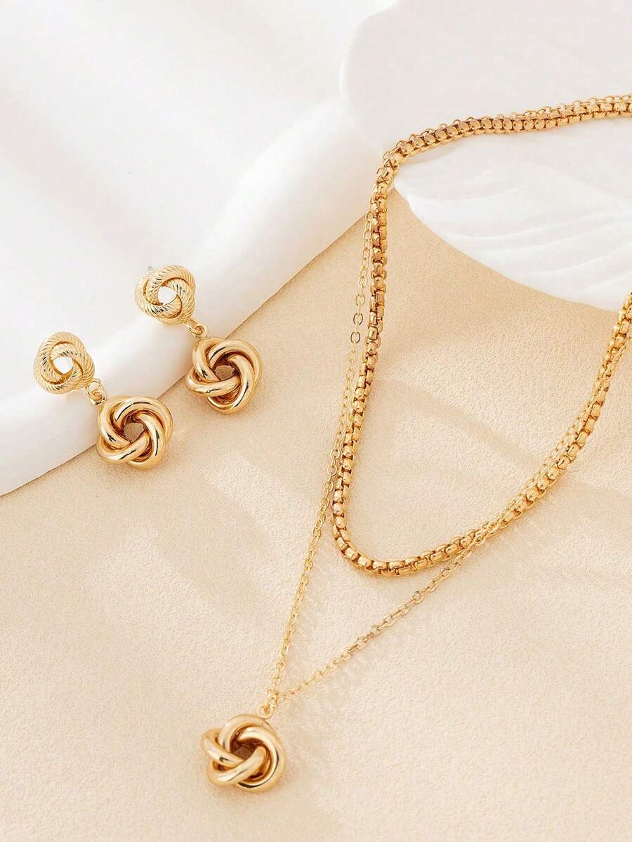 1pc Elegant Geometric Asymmetrical Small Pendant Women's Multi-Layer Necklace And 1 Pair Earrings Jewelry Set - Yellow Gold - View 1