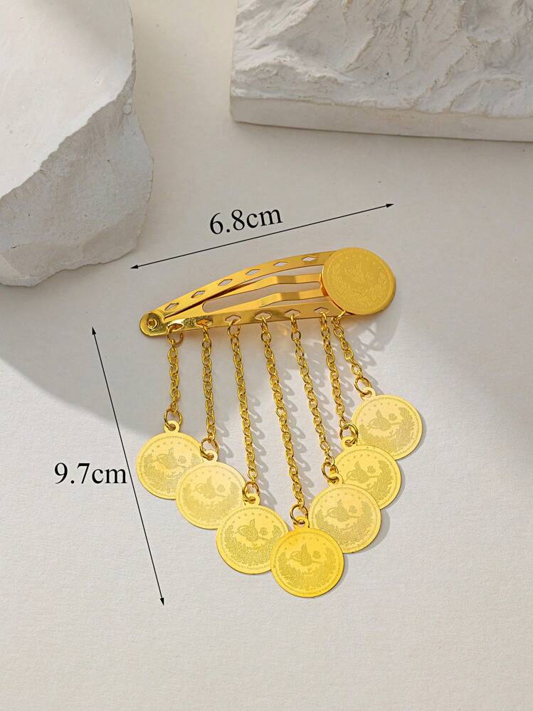 Herseygold 1pc Arab Wedding Jewelry Women Hair Clip Bride Gift Gold Plated Coin Pendant Hairpin,Gold Head Piece Claw Clips Hair Claws Hair Barrettes, School Stuff, Hair Accessories, Hair Accessories For Women - Gold - View 3