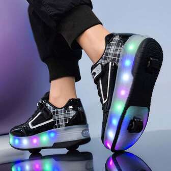 Lightweight Classic Fashionable Simple And Versatile Double Wheel Walking Shoes, Mechanical Detachable Wheel, LED Rechargeable, Student Sports Shoes For Outdoor And Leisure Activities, Double Wheel Skating Shoes For Strolling And Roller Skating