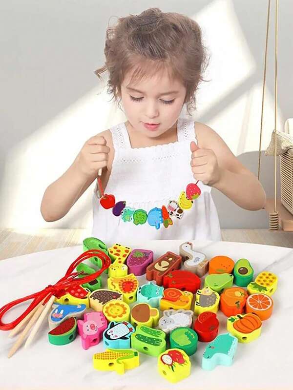 42 piezas Montessori juguetes de madera de los niños de cuentas, grandes partículas de bloques de construcción, que se utiliza para ejercitar las habilidades prácticas, cultivar la concentración, con 3 cuerda, adecuado para 1-4 años de edad los niños de educación temprana juguetes educativos