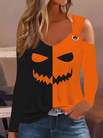 时尚南瓜元素印花休闲女士圆领长袖T恤