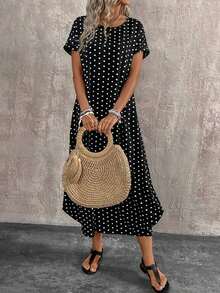 Plus Size Polka Dot Print Casual Resort Swing Dress With Batwing Sleeves