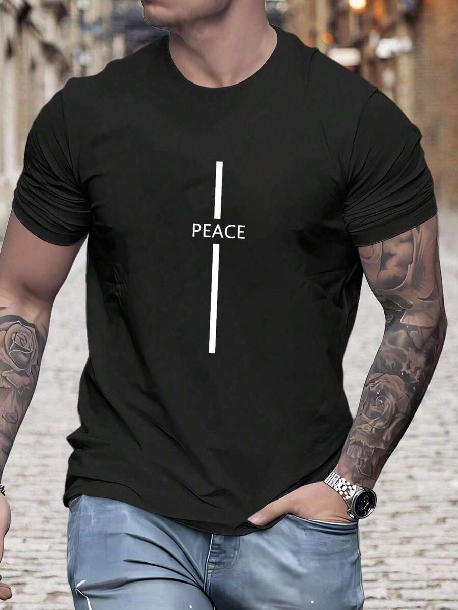 Camiseta De Manga Corta Para Hombre Con Estampado De Letras - Negro - Ver 1