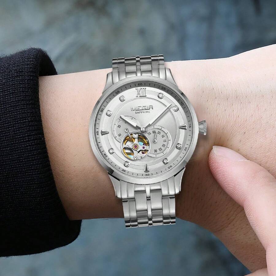 MEGIR MEGIR Moda Luxo Homens Relógios À Prova D'Água Aço Inoxidável Automático Relógio Mecânico Safira Caixa de Aço Relógio de Pulso Casual Empresarial