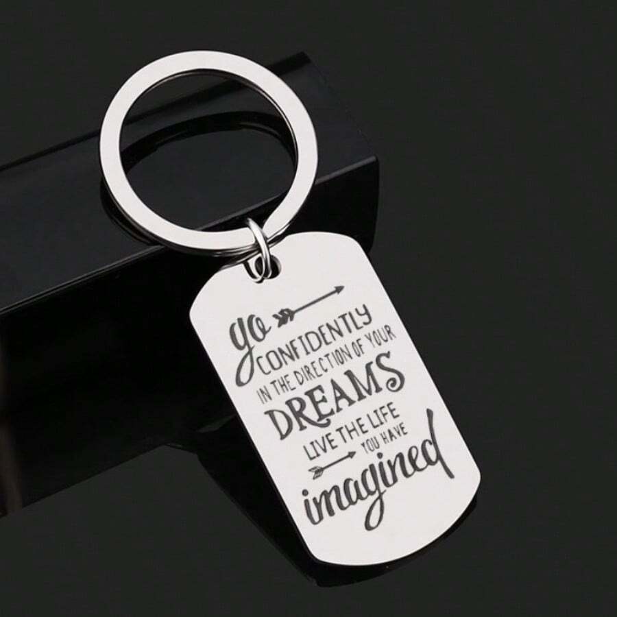 1pc "Motivational" Go Confidently In The Direction Of Your Dreams" - Inspirational Stainless Steel Keychain, Simple Design Bag Charm - Silvery - View 1