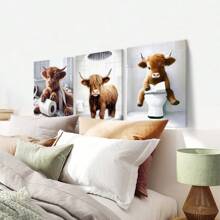 3pcs Scottish Highland Cow Funny Bathroom Print, Farm Animal Humor, Whimsical Highland Cow Lover Gift, Wall Canvas Art, Vintage Western Home Decor , Cottagecore Posters For Room, Funny Wall Decor , Room Decor Aesthetic, Room Decoration Stuff