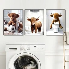3pcs Scottish Highland Cow Funny Bathroom Print, Farm Animal Humor, Whimsical Highland Cow Lover Gift, Wall Canvas Art, Vintage Western Home Decor , Cottagecore Posters For Room, Funny Wall Decor , Room Decor Aesthetic, Room Decoration Stuff
