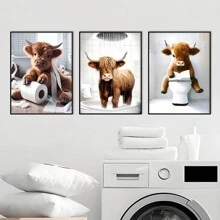 3pcs Scottish Highland Cow Funny Bathroom Print, Farm Animal Humor, Whimsical Highland Cow Lover Gift, Wall Canvas Art, Vintage Western Home Decor , Cottagecore Posters For Room, Funny Wall Decor , Room Decor Aesthetic, Room Decoration Stuff