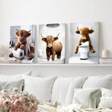 3pcs Scottish Highland Cow Funny Bathroom Print, Farm Animal Humor, Whimsical Highland Cow Lover Gift, Wall Canvas Art, Vintage Western Home Decor , Cottagecore Posters For Room, Funny Wall Decor , Room Decor Aesthetic, Room Decoration Stuff