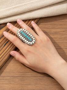 European And American Bohemian Style Vintage Long Zinc Alloy Turquoise Ring For Women, Suitable For Daily And Party Wear. - Long - View 12