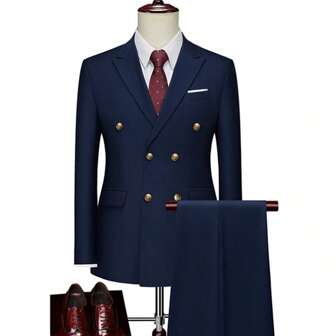 2024 时尚新款男士商务双排扣纯色西装外套/男士修身婚礼两件套西装外套夹克裤子