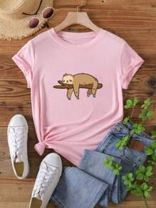 Camiseta con estampado de perezoso de cuello redondo - Rosa - Ver 1