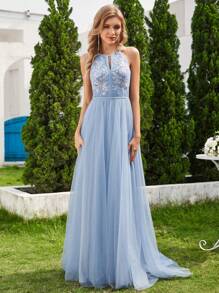 Cold Shoulder Mesh Appliques Wedding Dress - Baby Blue - View 5