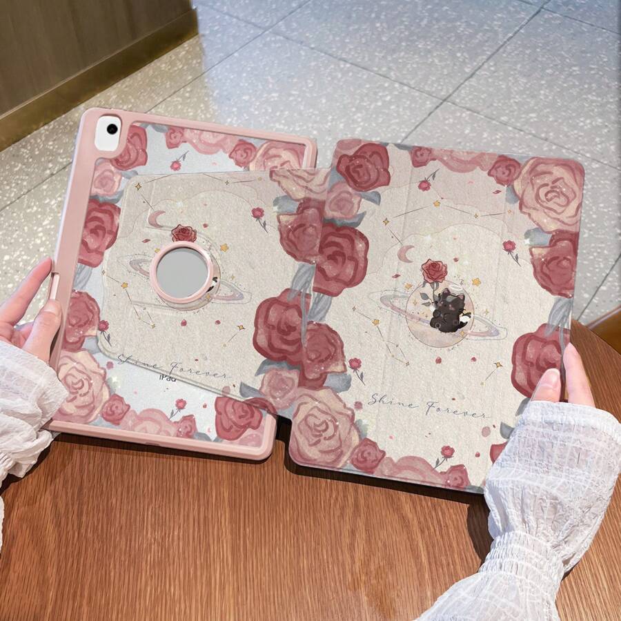 1 Item, IPad 10/9/11th 2025 Rose Oil Painting Flower Pattern Double-Sided High-Definition Printed Butterfly Pattern Rotating Protective Case, Transparent Acrylic Back Cover, Drop-Proof And Wear-Resistant, Automatic Wake/Sleep, Multi-Angle Support, Pen Slot, Essential For Office And Study, Non-Magnetic.