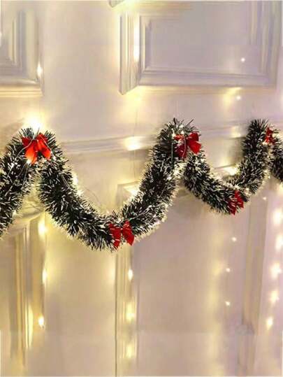 Christmas Decoration 1pc 2m Long Dark Green & White Snowflake Pattern Tinsel String Decor For Christmas (Bow Not Fixed),Christmas Decorations Tinsel, Christmas Party Decor