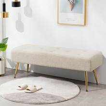 Furnistyle Ivory White Button Tufted Ottoman Bench, Faux Sherpa Fabric Ottoman, End Of Bed Bench Upholstered Entryway Bench Seat, Furry Bench With Solid Metal Legs, Vanity Bench For Makeup Room, Footstool Ottman Bench For Living Room