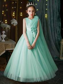Tween Girl Tulle Bow Princess Dress, Girl Birthday Gift, Suitable For Party, Ball, Flower Girl, Bridesmaid, Wedding Ceremony, Solo Singing Competition, Performance, Celebration - Cadet Blue - View 3
