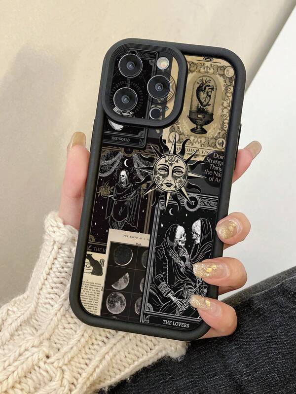 1pc Skull & Sun God Pattern Phone Case With Camera Protection & Shock Proof Design For IPhone 11 Pro Max/12 Pro Max/13 Pro Max/14 Pro Max/15 Pro Max/16 Plus/16 Pro Max, Redmi, OPPO/Realme, VIVO, Infinix, Honor, MOTO, One Plus