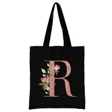 女士购物袋帆布袋手提袋可重复使用杂货手提袋储物袋玫瑰金字母姓名首字母图案旅行单肩包大容量学生手提包大容量帆布手提单肩包杂货袋书包，返校背包，大容量，轻便，便携，适合少女女大学生，非常适合返校、大学、初中、高中、工作、商务、通勤