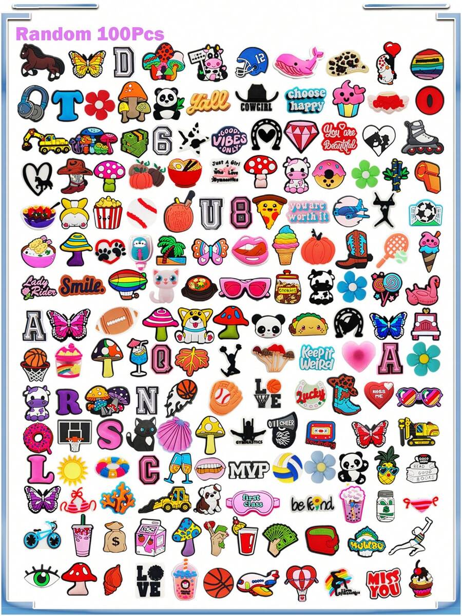 100Pcs Random Style Shoe Charms For Clogs Sandals, PVC Shoe Decorations Accessories For Christmas, Birthday, Party, Gift Shoes Pins For Teens Men Women And Adults - Random 100Pcs - View 1
