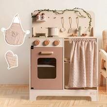 Robud Rustic Style Kids Play Kitchen Set - Rustic Wooden Pretend Play Kitchen With Leaf Light String, Apron, And Groves, For Toddlers 3+ - Baby Pink - View 2