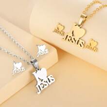Wis Fashion Stainless Steel Jesus Cross & Letter JESUS Pendant Necklace Set For Women, Men Heart Shaped Letter Pendant Necklace Jewelry Set, Christian Symbol Jewelry Gift Valentines,Mom,Mother,Mother's Day,Gift - JESUS - View 2