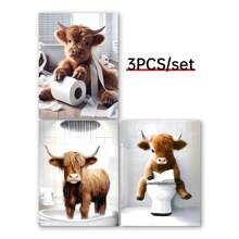 3pcs Scottish Highland Cow Funny Bathroom Print, Farm Animal Humor, Whimsical Highland Cow Lover Gift, Wall Canvas Art, Vintage Western Home Decor , Cottagecore Posters For Room, Funny Wall Decor , Room Decor Aesthetic, Room Decoration Stuff
