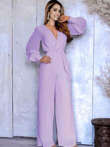 Mono Con Escote Profundo Y Pierna Ancha Elegante Para Mujer - Lila - Ver 3