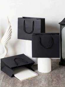5 piezas de bolsas de regalo de papel negro, bolsas portadoras de ropa, bolsas de papel de kraft negro - Negro - Ver 5