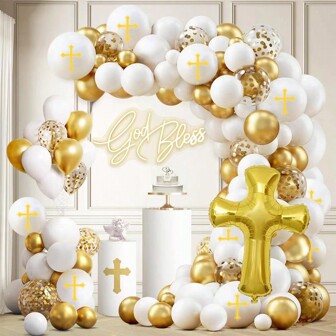 首次圣餐气球拱门套装，白色五彩纸屑金色乳胶气球，配十字架铝箔气球，适合上帝保佑洗礼、生日派对装饰用品