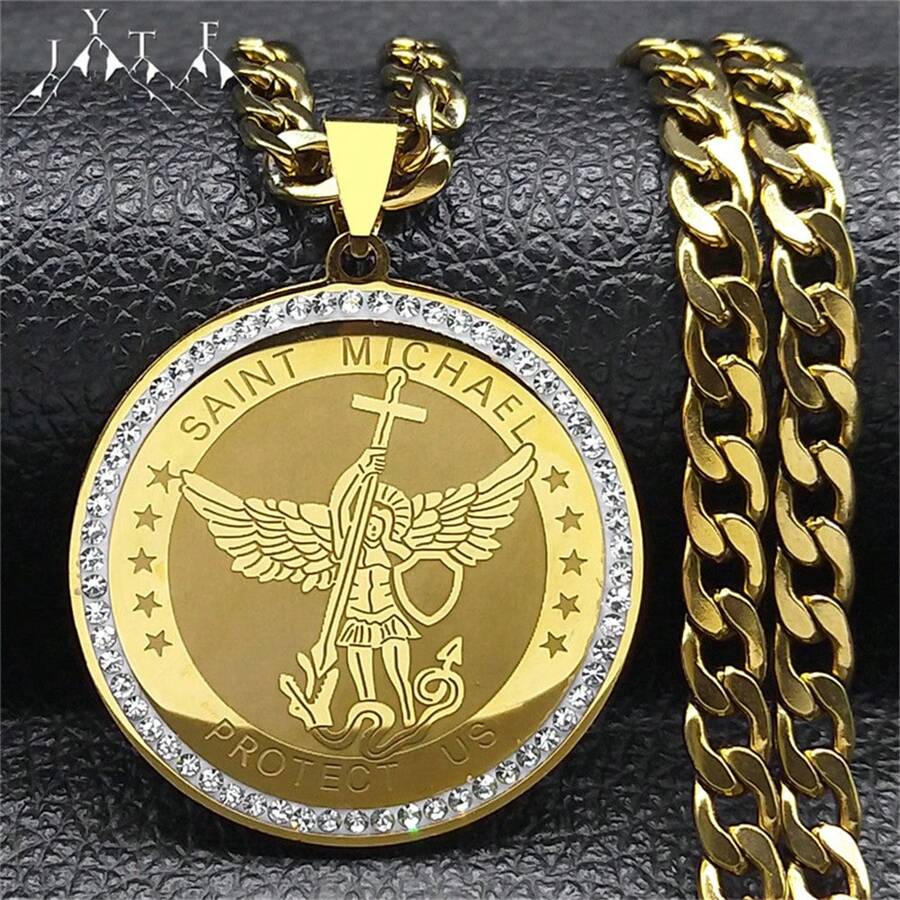 SAINT MICHAEL PROTECT US Archangel Men Crystal Necklace Stainless Steel Gold Color Catholic  Necklace - Necklace - View 1