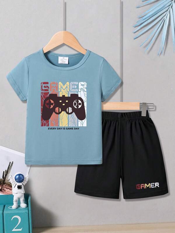 Conjunto de 2 peças de camiseta e shorts de manga curta com estampa de videogame "GAMER" para menino